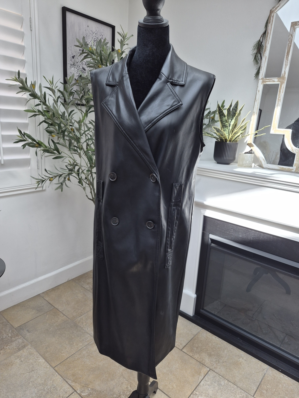 NWOT Long Double-Breasted Faux Leather Vest - Black